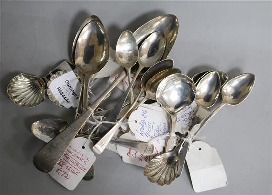 Four silver caddy spoons and sundry flatware